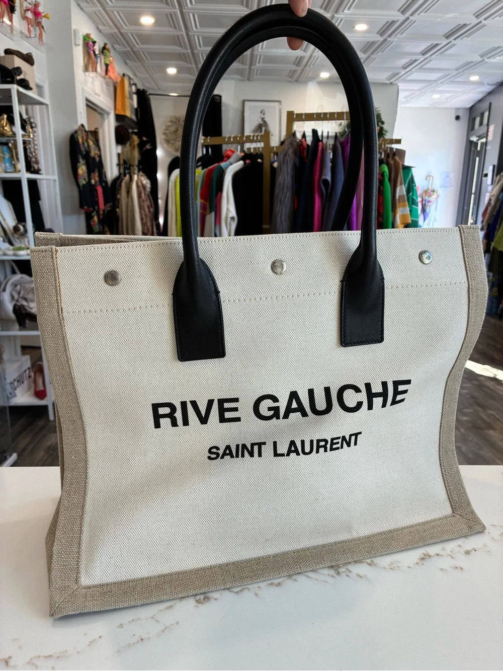 Saint Laurent Rive Gauche Canvas Tote in Ivory with Black Handles